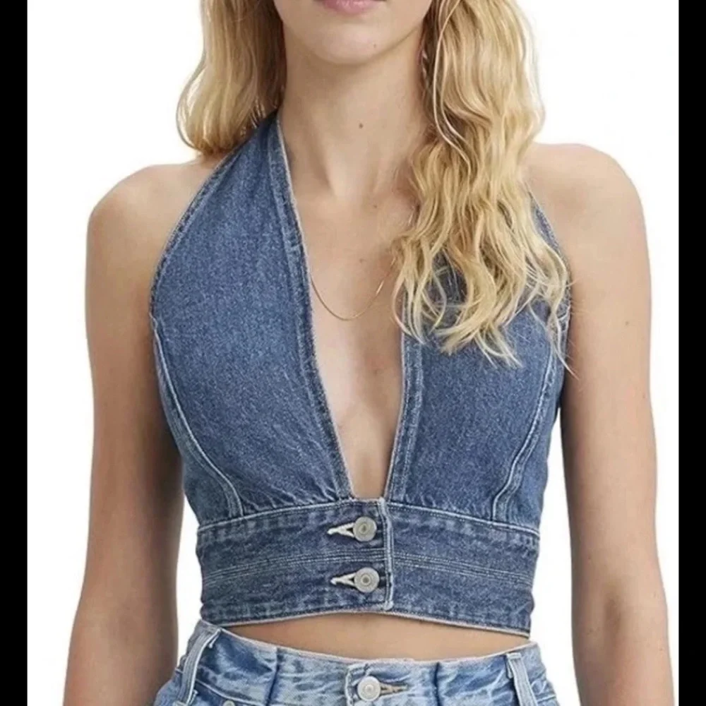 Levi's DAISY Denim JEAN Cowgirl Crop Top HALTER Stretch S110786 SIZE Large NWT - Picture 6 of 13